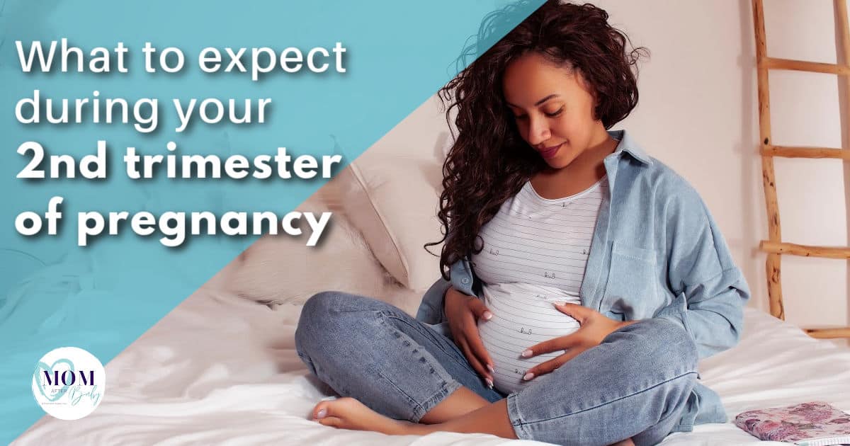 Pregnant mother sitting criss crossed and holding her pregnant belly (title image for the article: What to expect during your 2nd pregnancy trimester)