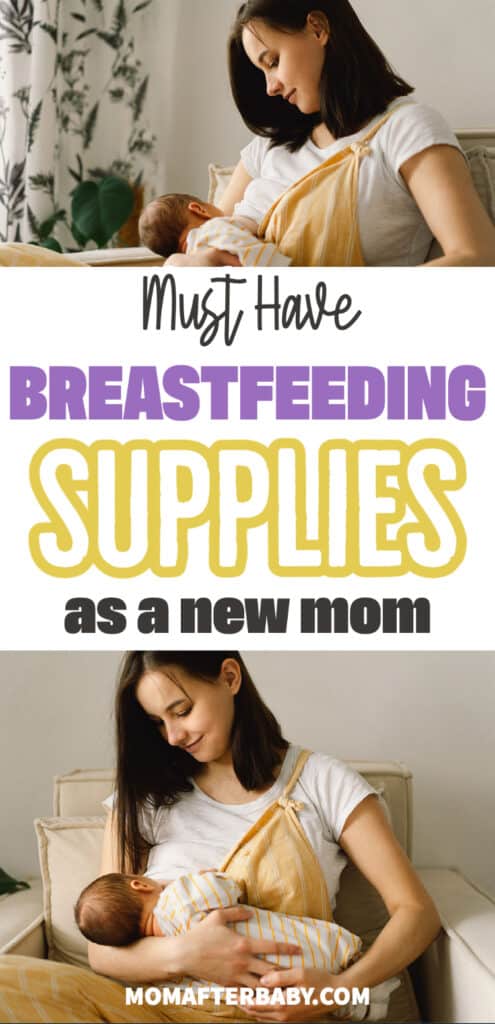 The Most Crucial Breastfeeding Necessities Mom Will NEED (pinterest pin showing mom breastfeeding her baby)
