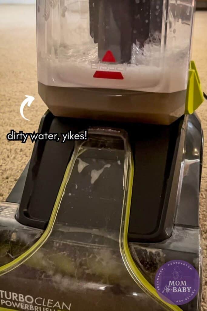 Image shows a close up image of the Bissell Turbo Clean Carpet Cleaner to show how much dirty water is inside of the clear canister. Test on the image reads, "dirty water, yikes". 