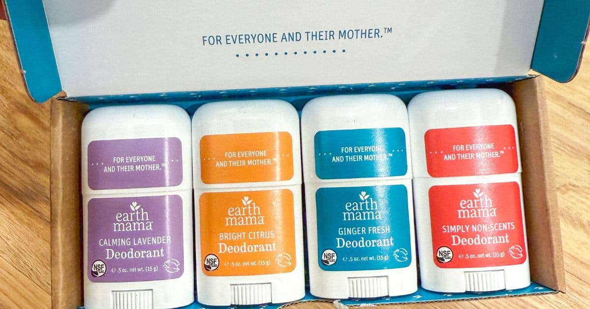 Image of the Earth Mama Deodorant Variety Pack Set (4 travel-sized deodorants next to one another in a box)