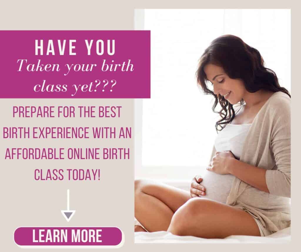 pregnant woman sitting down holding belly (cover image for birth class sign up)