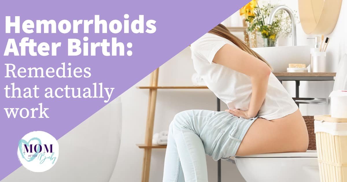 Text reads: Hemorrhoids after birth: remedies that work. Photo shows woman sitting on toilet in discomfort