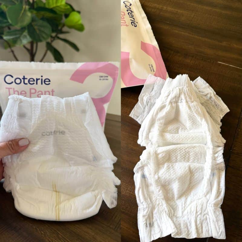 side by side photos of the Coterie baby diaper (the pant design) one of me holding the diaper and the other with the diaper opened up flat on a wood table