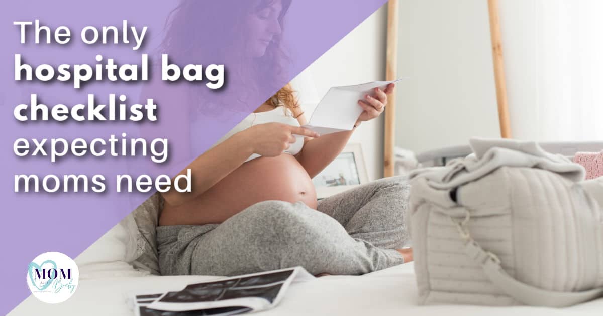 Pregnant woman in grey sweat pants sitting on the bed next to a beige weekender bag and holding a paper