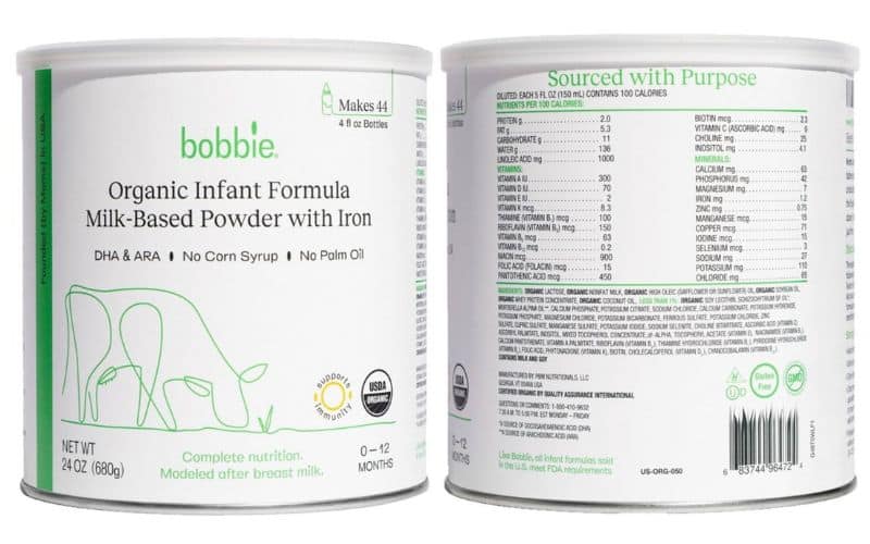 Image of front and back of Bobbie Baby Formula Can