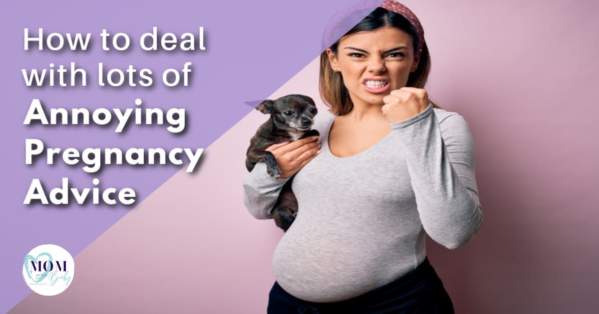 Pregnant woman holding dog and holding a fighting fist up to the camera (cover photo for Annoying Pregnancy Advice article)