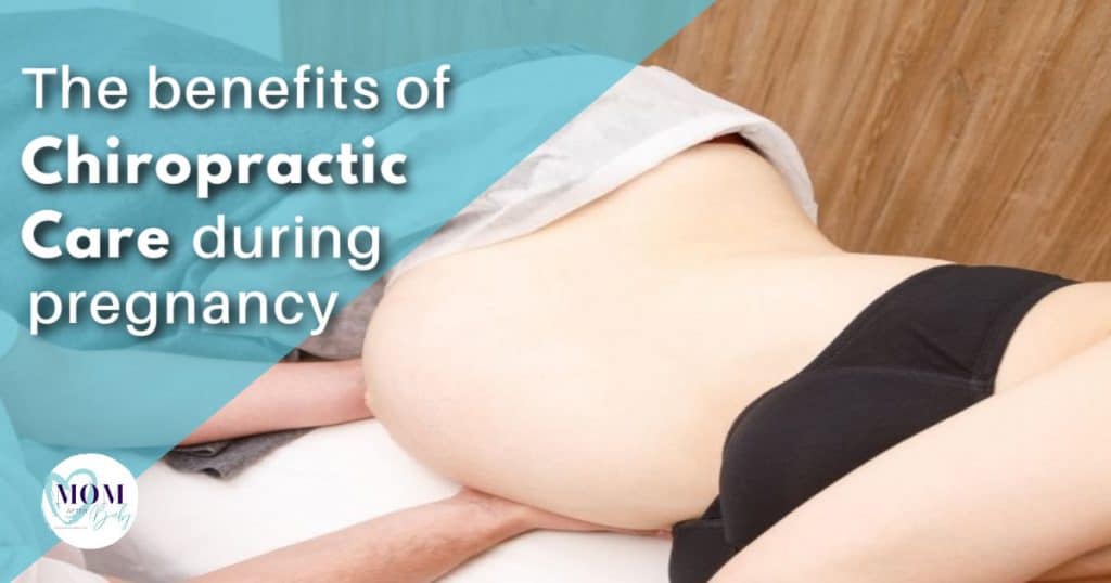 benefits of chiropractic care during pregnancy title text on top of image showing pregnancy woman laying on her side with someones hands under her belly