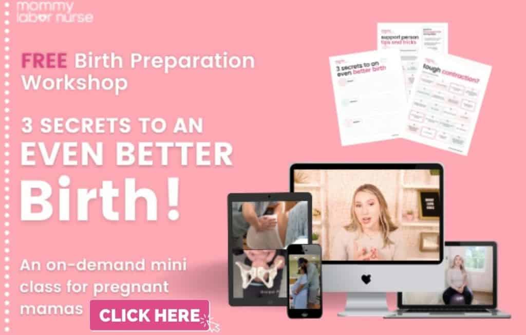 Pink background graphic with text explaining a free birth workshop for pregnant mothers