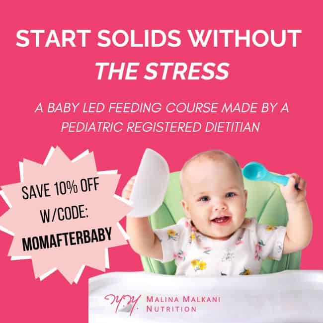 pink digital graphic with a happy baby in a high chair and text overlay that says "start solids without the stress"