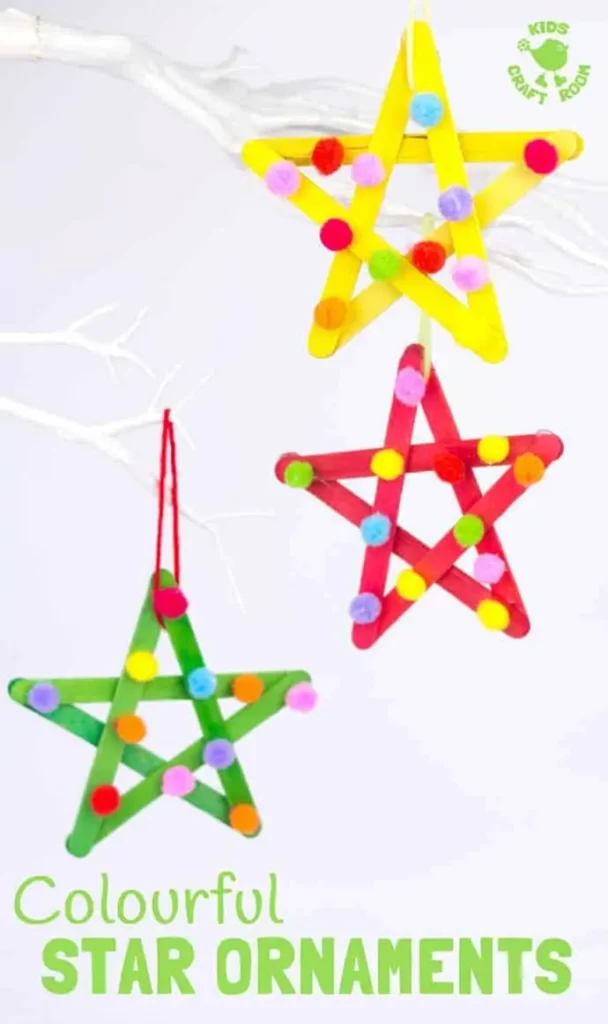 Yellow, green, and red stars made from popsicle stick by Kids Craft Room