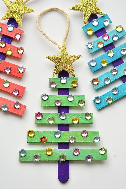 Green, blue and red  Glittering Popsicle Stick Christmas Trees Crafts by  The Craft Patch Blog