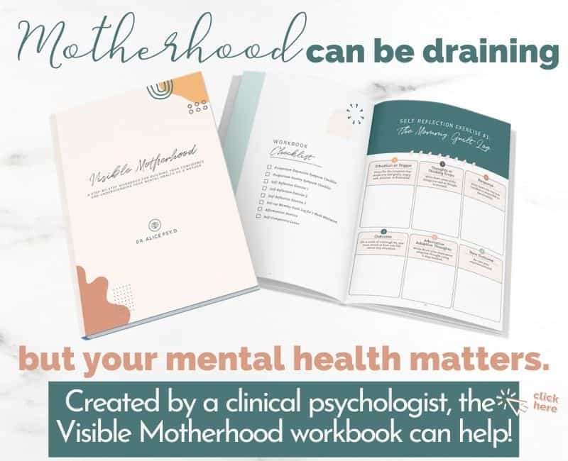 Image with a workbook for moms to help with feeling overwhelmed and mom guilt created by clinical psychologist