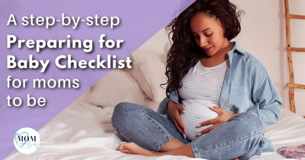 preparing for baby checklist cover photo with pregnant woman sitting on a bed holding her hands on her belly