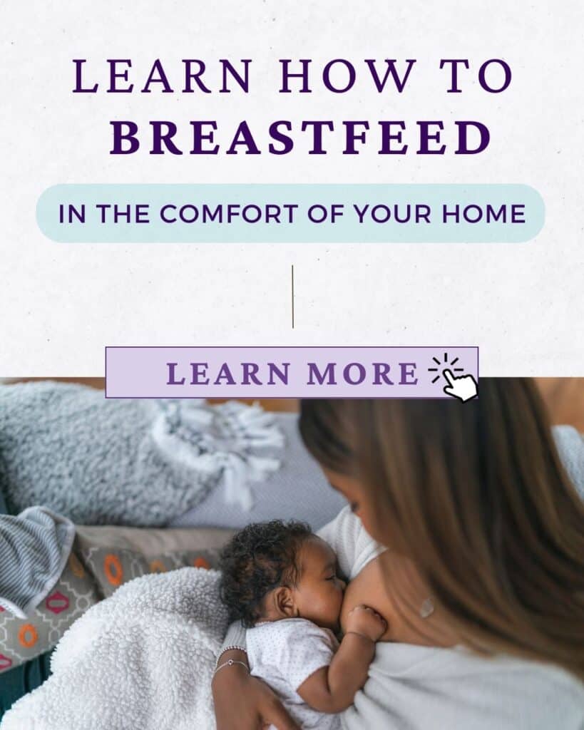 learn how to breastfeed an online class for lactating moms. Image shows a dark skinned woman breastfeeding her infant