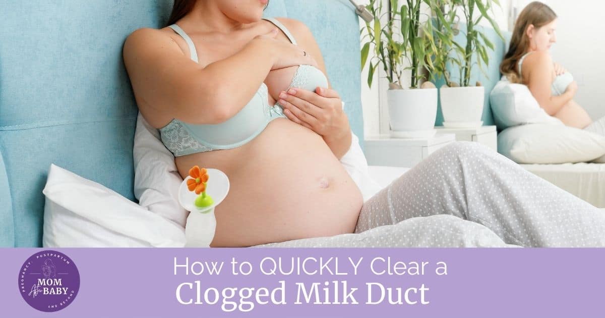 Text: relieving a clogged milk duct with photo of a young baby nursing on it's mother's breast
