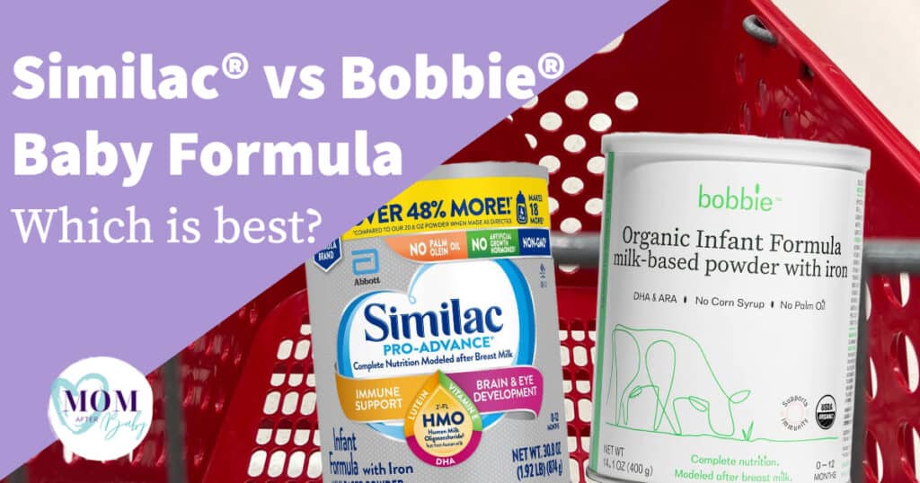 Article cover image that says: Similac vs Bobbie Baby Formula. Image shows target shopping cart with 2 formula cans inside, one of Bobbie and one of Similac