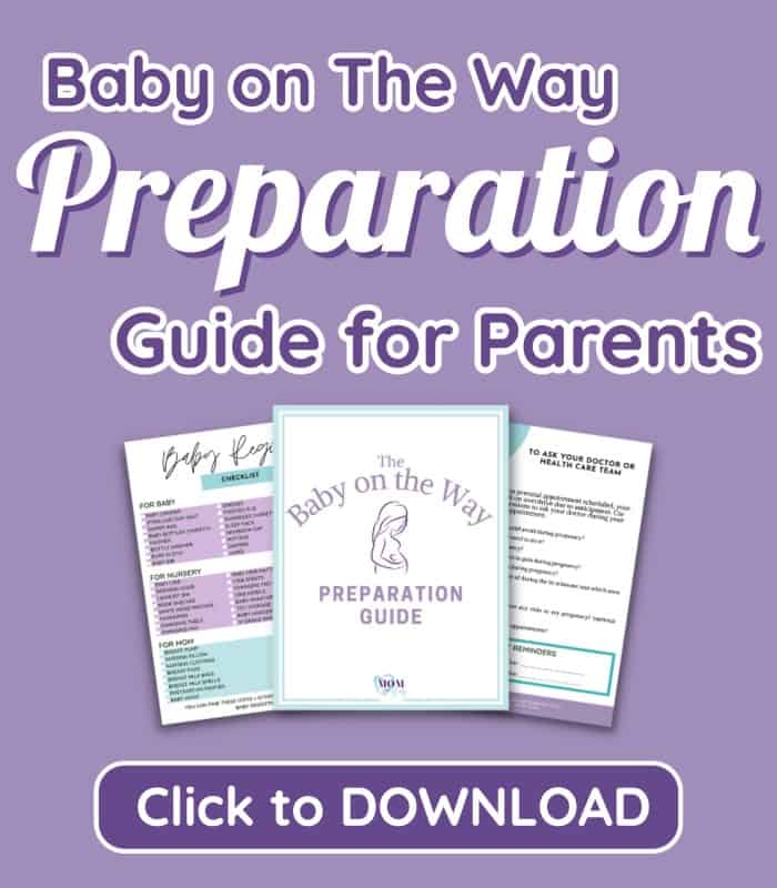 Digital graphic in purple to display freebie download: Baby on the way preparation guide