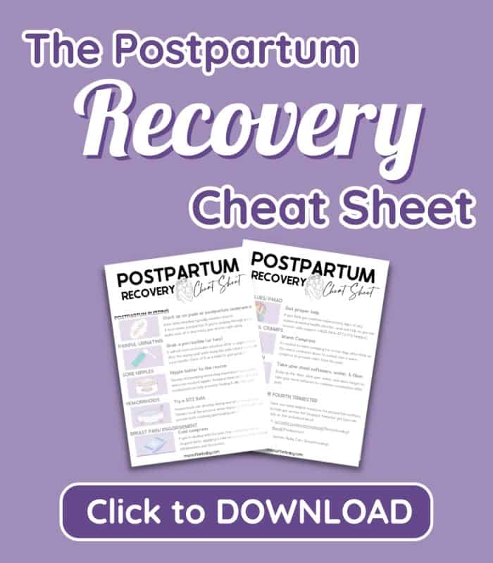 Digital graphic in purple to display freebie download: Postpartum Recovery Cheat sheet