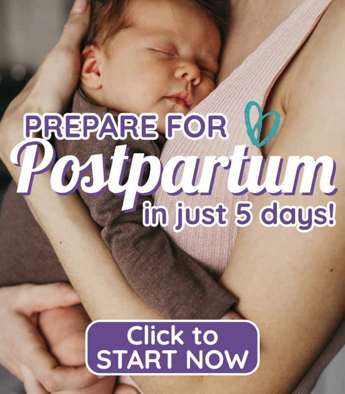 Image shows newborn nestled into woman's body. Text says: Prepare for postpartum in just 5 days