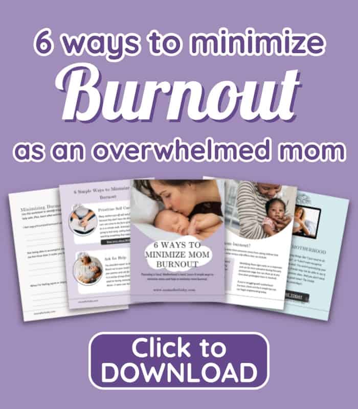 Graphic in purple colors to display freebie item "6 ways to minimize burnout for overwhelmed moms"