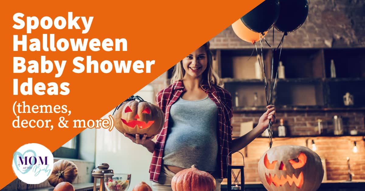 Photo of pregnant woman in a grey shirt and blonde hair holding up a spooky pumpkin with other pumpkin decorations around (Text reads: Spooky halloween baby shower ideas)