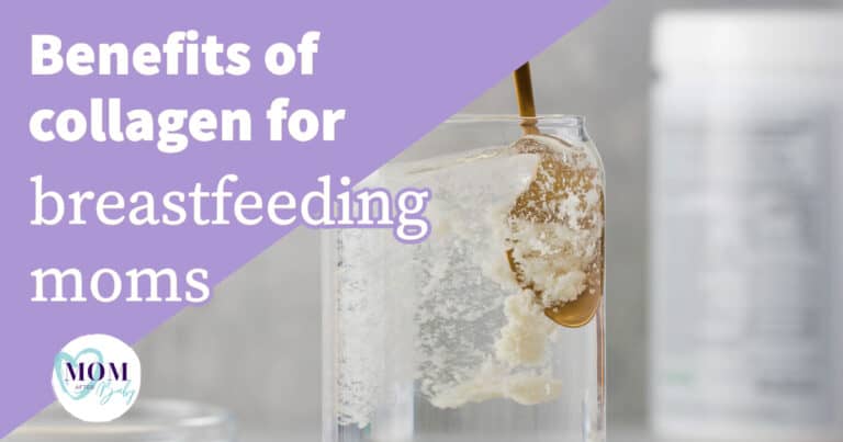 Benefits of Taking Collagen While Breastfeeding cover image which shows a spoon mixing powdered drink into a glass cup