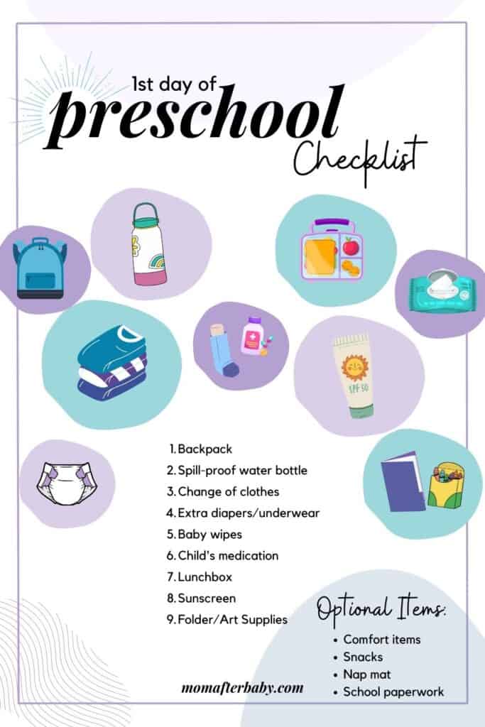 Image of the First day of preschool checklist (a list with small bubbles in purple and teal highlighting items parents need for their toddlers first day of preschool)