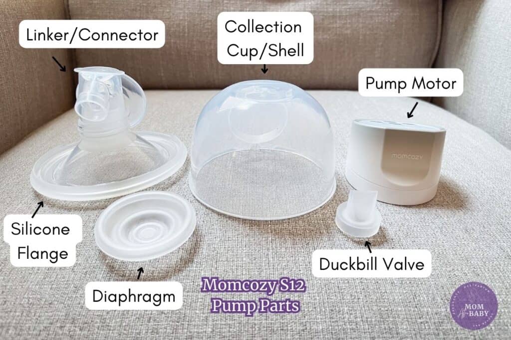 image shows the pump parts included with the Momcozy S12 Pro Pump