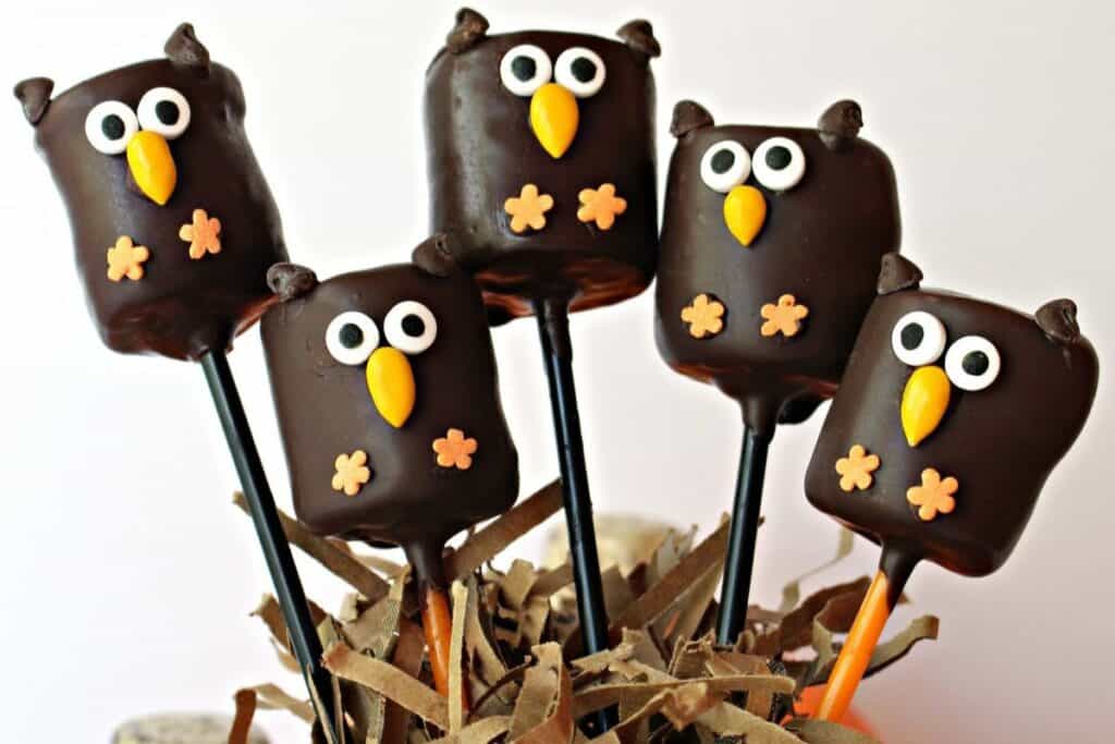 This image shows a display of a halloween dessert decorated as owls (owl pops)