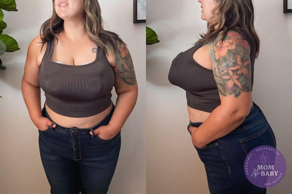 This image shows me, wearing a grey crop tank top with the s10 Pro breast pump by MomMed on in both a front and side view 