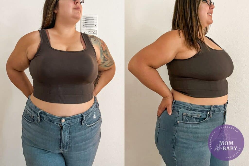 This image shows me, Kariss wearing the MomMed S1. On the left is a front view and on the right is a side view of how the breast pump looks while you're wearing it.