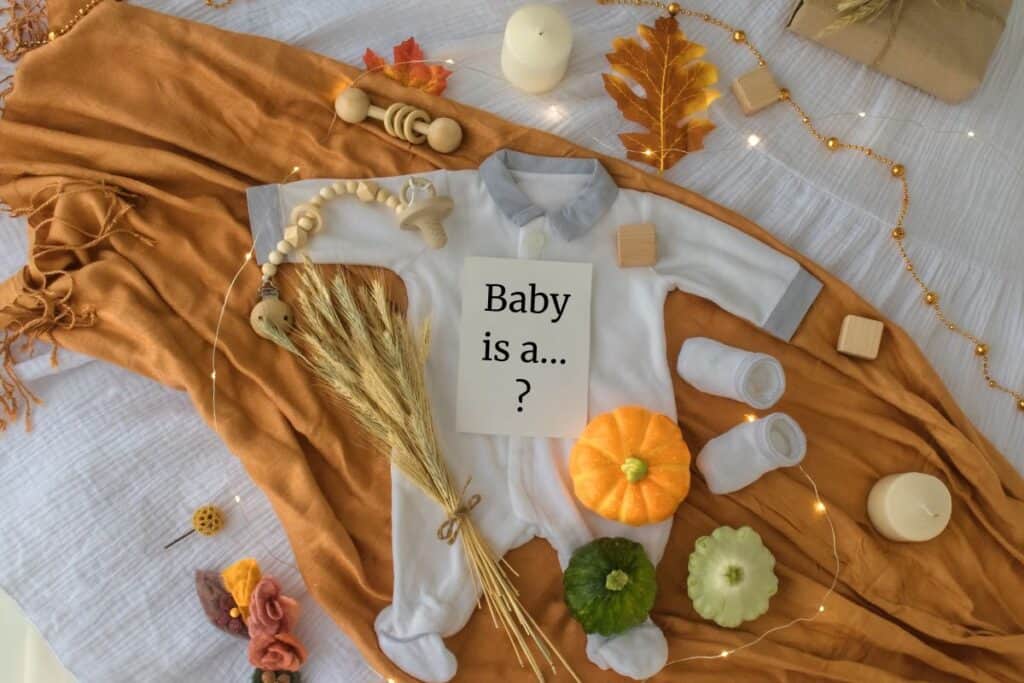 Image shows a flatlay of fall themed items surrounding a cream baby onesie. There are mini pumpkins, floral elements, and more.