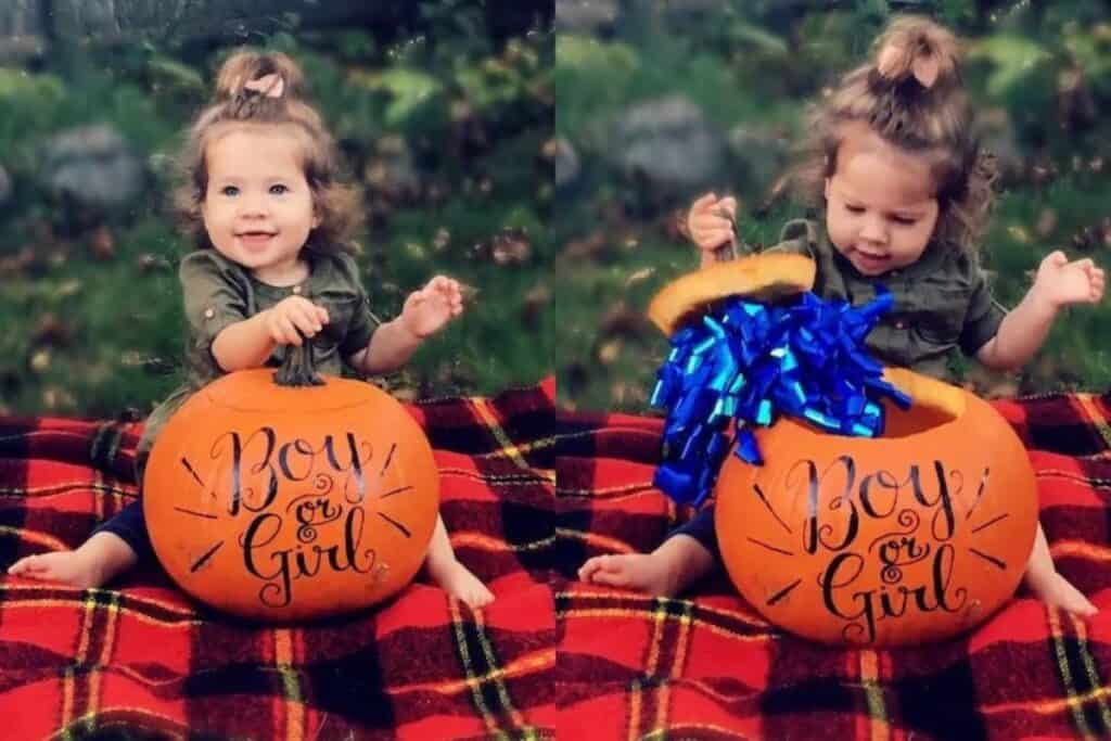 Image shows 2 photos (one on the left and right). Left photo is a little girl sitting down smiling with a pumpkin in her lap that says "boy or girl". On the right, the little girl is lifting the top of the pumpking to see a blue ribbon stuffed inside showing the gender reveal results. 