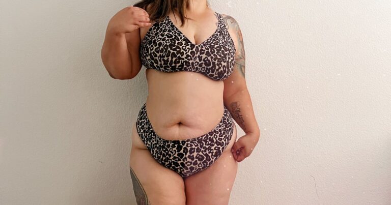 image shows myself, karissa, in a knix bra and leakproof underwear set wearing the safari print