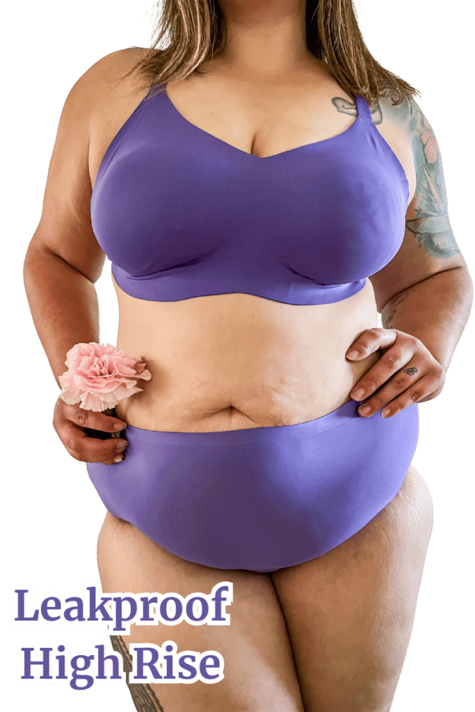 image of me (karissa of Mom After Baby) smooth and seamless leakproof underwear in purple.