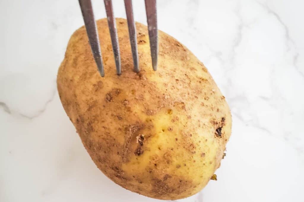 image shows a russet potato getting holes poked in by a fork