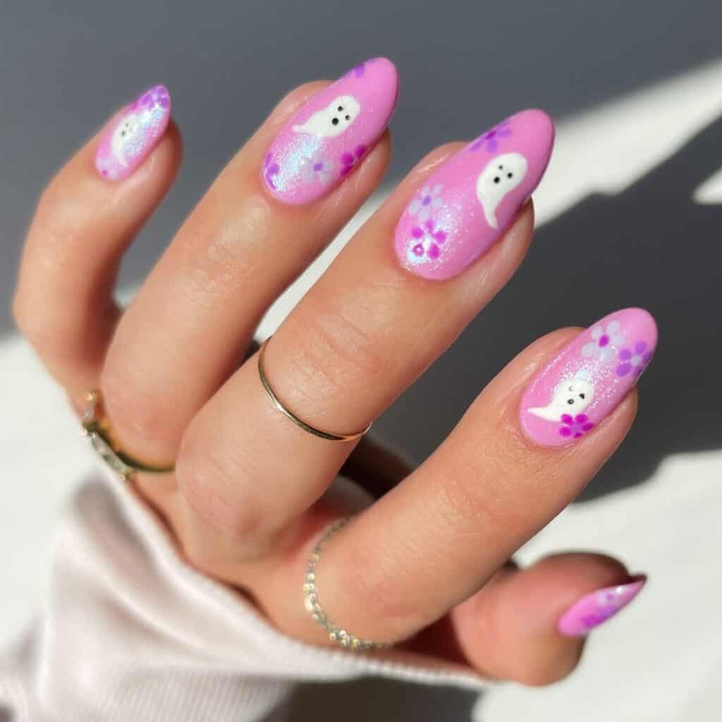 pink ghost nail design by @thatglosssauce on instagram