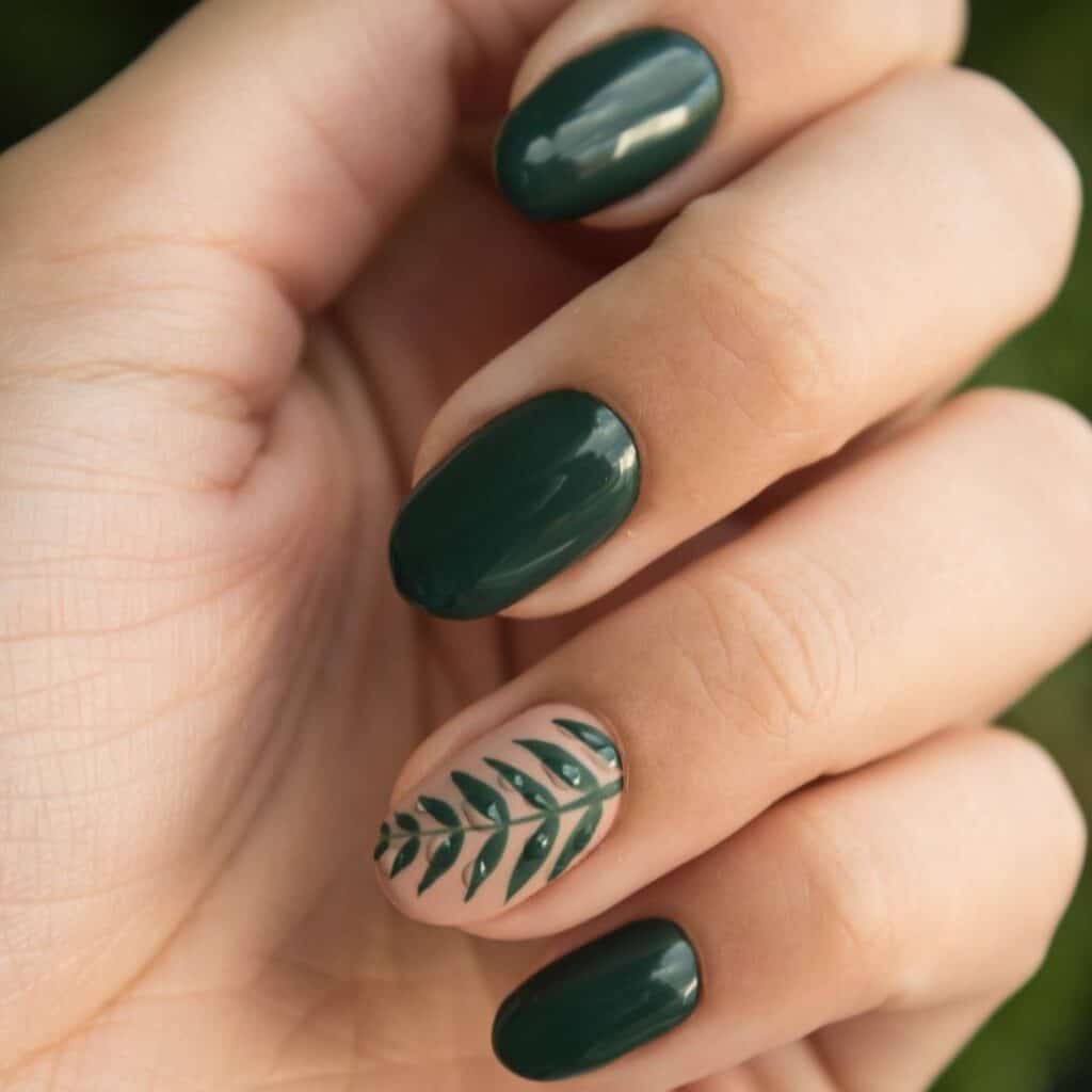 close up image of a green and gold colored fall manicure