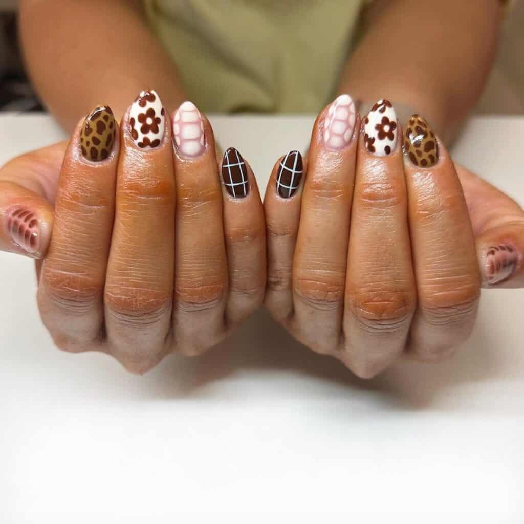 brown, white, and pink fall nails by katiebelles_nails on instagram
