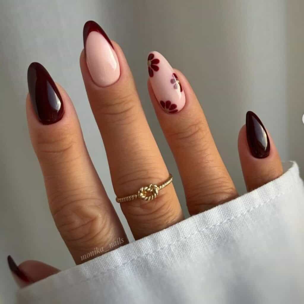 dark red and neutral fall inspired nails by @monika__nails on Instagram