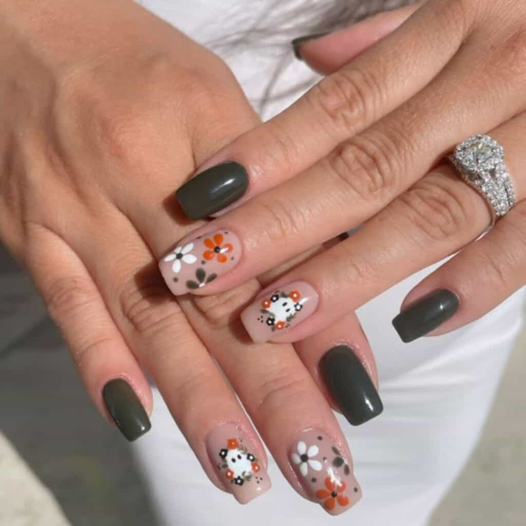 dark grey fall and halloween designed nails by @polishbychloe on instagram