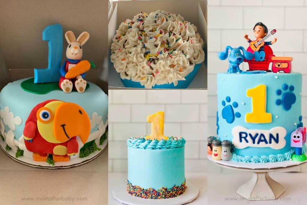 image shows 2 baby smash cakes in the middle and 2 first birthday decorated cakes in the 'baby first' and 'blues clues' theme.