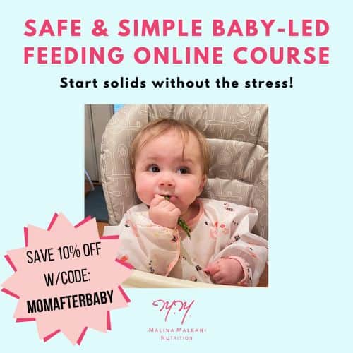 digital graphic with a baby eating food and text overlay that says: safe and simple baby led feeding online course