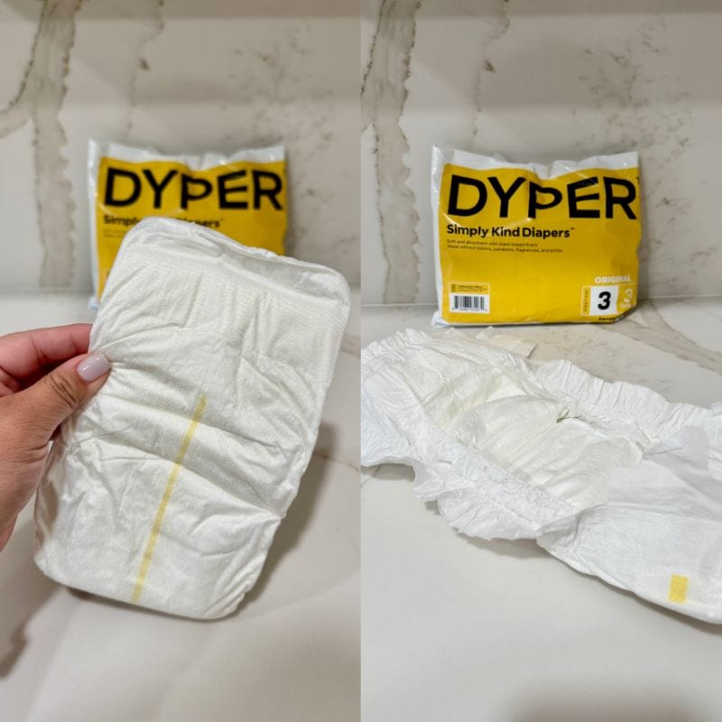 side by side photos of the Dyper baby diaper one of me holding the diaper and the other with the diaper opened up flat on a kitchen counter.