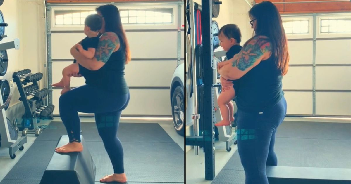 2 images side by side of myself (karissa) working our in our garage while holding my baby.