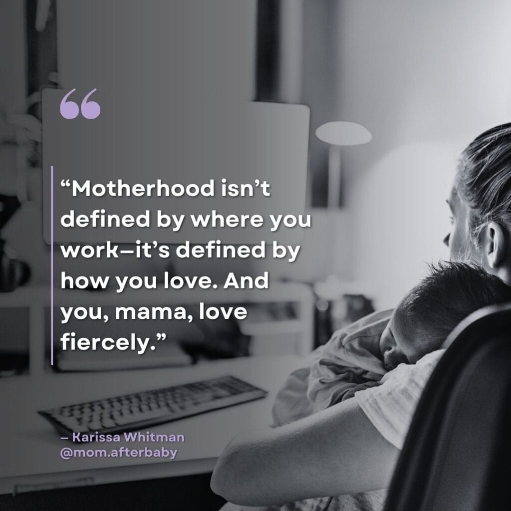 black and white image of a mom holding her baby while she types with quoted text overlay on top of the image.