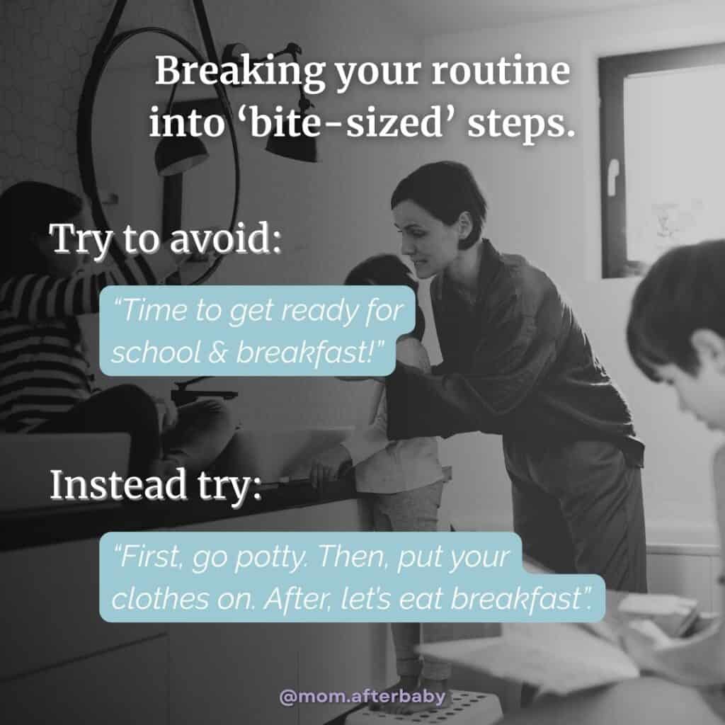 graphic showing an example of how parents can help break their routine into bite-sized steps with a faded background image of a mom and some children.