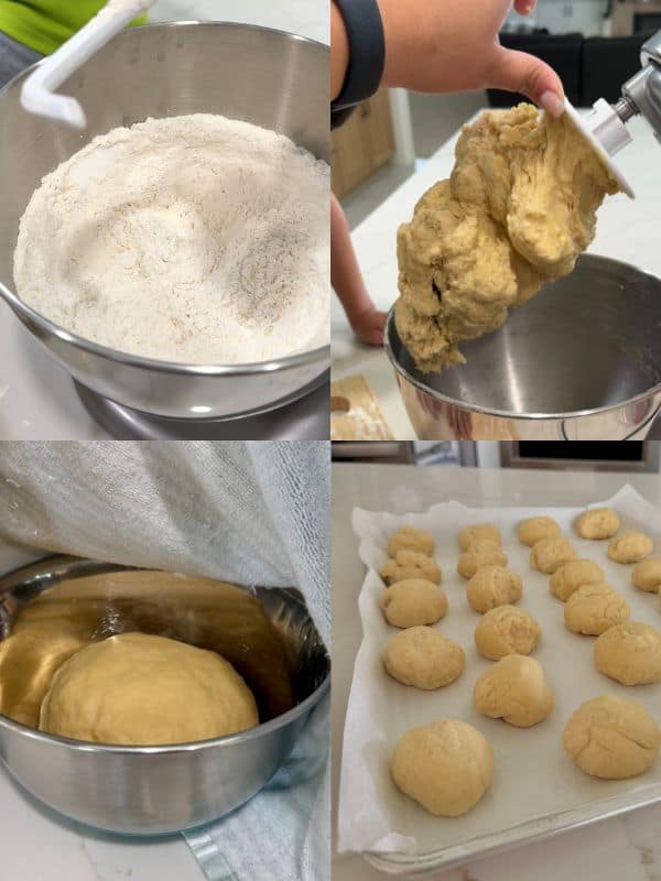 Top left image of dry ingredients in mixing bowl, top right image of dough ball forming, bottom left image of dough ball in mixing bowl, bottom right image of smaller dough balls on a baking sheet