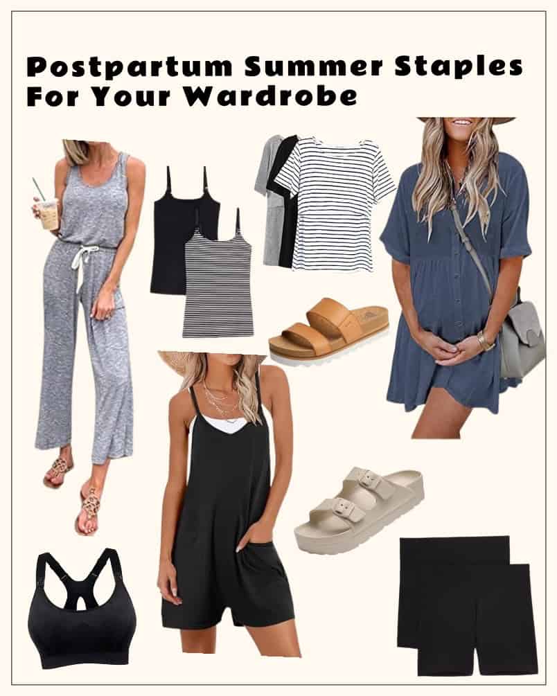 Amazon storefront collage of postpartum wardrobe staples for summer time
