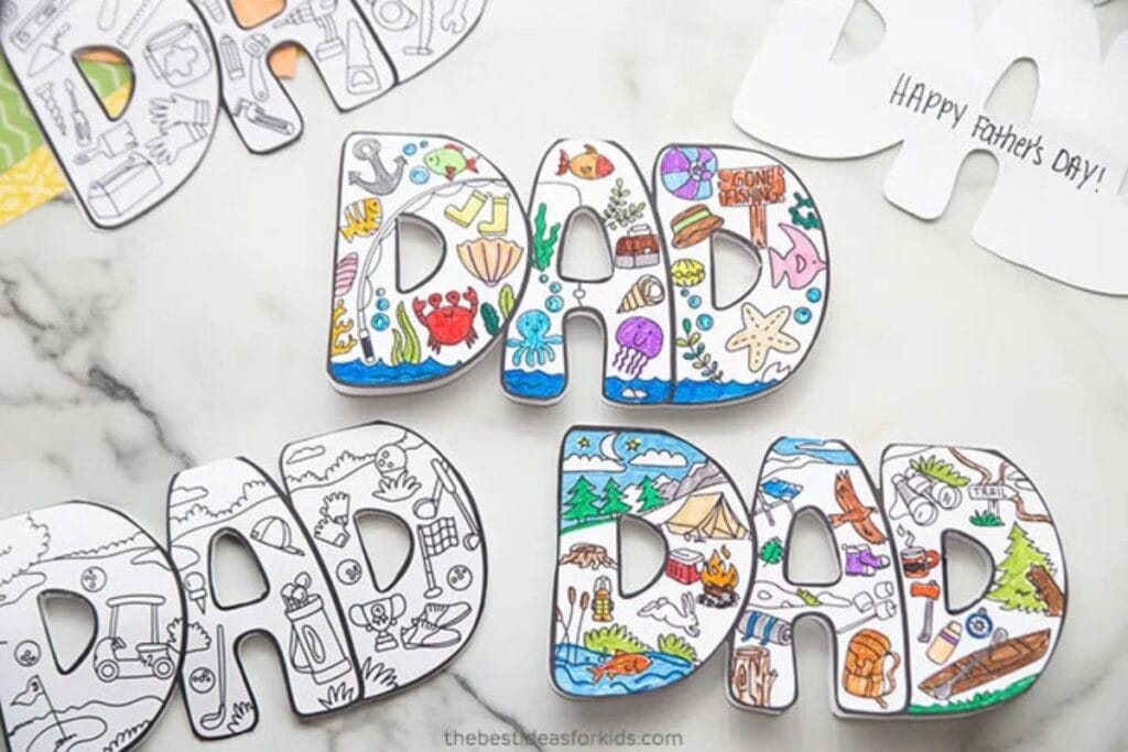 flatlay of multiple colored Father's Day cards that spell the word D-A-D